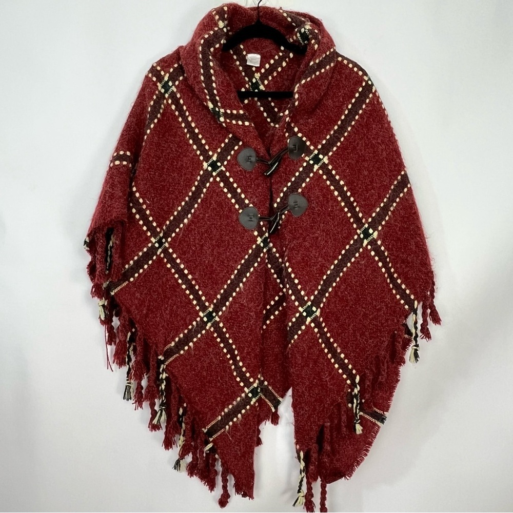 Red Burgundy Cream Plaid Sweater Poncho Cowl Neck Toggle Buttons Fringe Trim